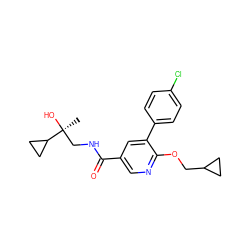 C[C@](O)(CNC(=O)c1cnc(OCC2CC2)c(-c2ccc(Cl)cc2)c1)C1CC1 ZINC000103247944