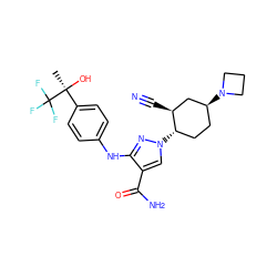 C[C@](O)(c1ccc(Nc2nn([C@H]3CC[C@H](N4CCC4)C[C@@H]3C#N)cc2C(N)=O)cc1)C(F)(F)F ZINC000217335214