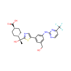 C[C@](O)(c1ncc(-c2cc(CO)cc(Nc3nccc(C(F)(F)F)n3)c2)s1)[C@H]1CC[C@H](C(=O)O)CC1 ZINC001772612656