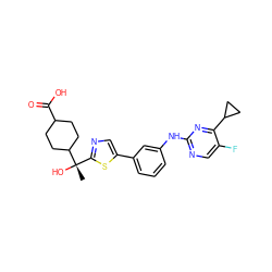 C[C@](O)(c1ncc(-c2cccc(Nc3ncc(F)c(C4CC4)n3)c2)s1)C1CCC(C(=O)O)CC1 ZINC001772585301