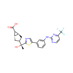 C[C@](O)(c1ncc(-c2cccc(Nc3nccc(C(F)(F)F)n3)c2)s1)C1C[C@@H]2C(C(=O)O)[C@H]2C1 ZINC001772597786