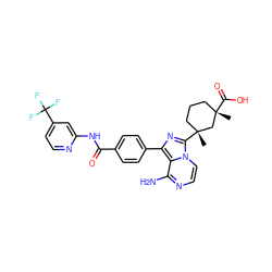 C[C@]1(C(=O)O)CCC[C@@](C)(c2nc(-c3ccc(C(=O)Nc4cc(C(F)(F)F)ccn4)cc3)c3c(N)nccn23)C1 ZINC001772630799