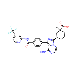 C[C@]1(C(=O)O)CCC[C@@H](c2nc(-c3ccc(C(=O)Nc4cc(C(F)(F)F)ccn4)cc3)c3c(N)nccn23)C1 ZINC001772615883