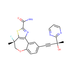 C[C@]1(F)COc2ccc(C#C[C@@](C)(O)c3ncccn3)cc2-c2nc(C(N)=O)sc21 ZINC000219457449