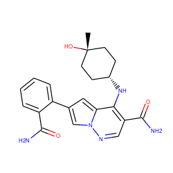 C[C@]1(O)CC[C@@H](Nc2c(C(N)=O)cnn3cc(-c4ccccc4C(N)=O)cc23)CC1 ZINC000146128125