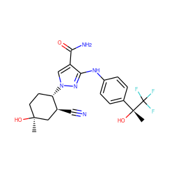 C[C@]1(O)CC[C@H](n2cc(C(N)=O)c(Nc3ccc([C@@](C)(O)C(F)(F)F)cc3)n2)[C@@H](C#N)C1 ZINC000221834612