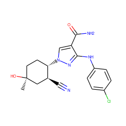 C[C@]1(O)CC[C@H](n2cc(C(N)=O)c(Nc3ccc(Cl)cc3)n2)[C@@H](C#N)C1 ZINC000221864480