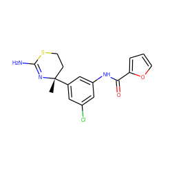 C[C@]1(c2cc(Cl)cc(NC(=O)c3ccco3)c2)CCSC(N)=N1 ZINC000141354514