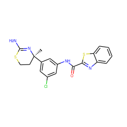 C[C@]1(c2cc(Cl)cc(NC(=O)c3nc4ccccc4s3)c2)CCSC(N)=N1 ZINC000141459387