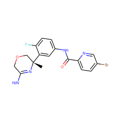 C[C@]1(c2cc(NC(=O)c3ccc(Br)cn3)ccc2F)COCC(N)=N1 ZINC000113660356