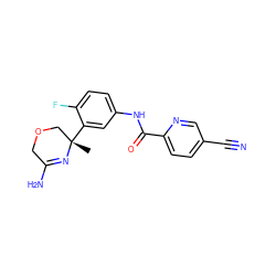 C[C@]1(c2cc(NC(=O)c3ccc(C#N)cn3)ccc2F)COCC(N)=N1 ZINC000113660122