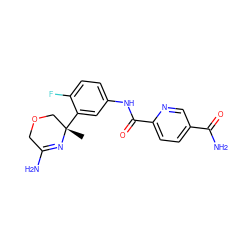 C[C@]1(c2cc(NC(=O)c3ccc(C(N)=O)cn3)ccc2F)COCC(N)=N1 ZINC000117498612