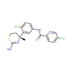 C[C@]1(c2cc(NC(=O)c3ccc(Cl)cn3)ccc2Cl)CCSC(N)=N1 ZINC000141492746