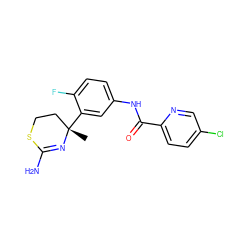 C[C@]1(c2cc(NC(=O)c3ccc(Cl)cn3)ccc2F)CCSC(N)=N1 ZINC000034951406