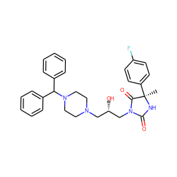 C[C@]1(c2ccc(F)cc2)NC(=O)N(C[C@@H](O)CN2CCN(C(c3ccccc3)c3ccccc3)CC2)C1=O ZINC000653716351