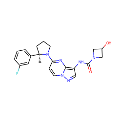 C[C@]1(c2cccc(F)c2)CCCN1c1ccn2ncc(NC(=O)N3CC(O)C3)c2n1 ZINC000118398751