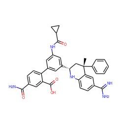 C[C@]1(c2ccccc2)C[C@@H](c2cc(NC(=O)C3CC3)cc(-c3ccc(C(N)=O)cc3C(=O)O)c2)Nc2ccc(C(=N)N)cc21 ZINC000103241018