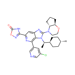 C[C@H]([C@H]1CC[C@H](C)CC1)n1c(N2CCO[C@@H]3CCC[C@H]32)nc2cc(-c3noc(=O)[nH]3)nc(-c3cncc(Cl)c3)c21 ZINC000261090444