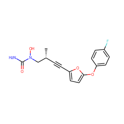 C[C@H](C#Cc1ccc(Oc2ccc(F)cc2)o1)CN(O)C(N)=O ZINC000029567714