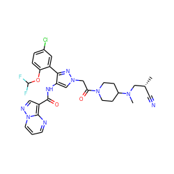 C[C@H](C#N)CN(C)C1CCN(C(=O)Cn2cc(NC(=O)c3cnn4cccnc34)c(-c3cc(Cl)ccc3OC(F)F)n2)CC1 ZINC001772613757