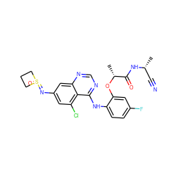 C[C@H](C#N)NC(=O)[C@@H](C)Oc1cc(F)ccc1Nc1ncnc2cc(N=S3(=O)CCC3)cc(Cl)c12 ZINC001772630285