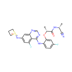 C[C@H](C#N)NC(=O)[C@@H](C)Oc1cc(F)ccc1Nc1ncnc2cc(N=S3(=O)CCC3)cc(F)c12 ZINC001772618570