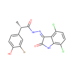 C[C@H](C(=O)N/N=C1\C(=O)Nc2c(Cl)ccc(Cl)c21)c1ccc(O)c(Br)c1 ZINC000072178558