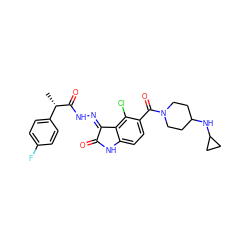 C[C@H](C(=O)N/N=C1\C(=O)Nc2ccc(C(=O)N3CCC(NC4CC4)CC3)c(Cl)c21)c1ccc(F)cc1 ZINC000072179693