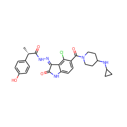 C[C@H](C(=O)N/N=C1\C(=O)Nc2ccc(C(=O)N3CCC(NC4CC4)CC3)c(Cl)c21)c1ccc(O)cc1 ZINC000072180384