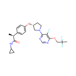 C[C@H](C(=O)NC1CC1)c1ccc(O[C@@H]2CCN(c3ncnc(OCC(C)(F)F)c3F)C2)cc1 ZINC001772649418