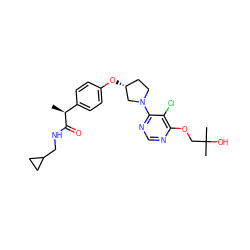 C[C@H](C(=O)NCC1CC1)c1ccc(O[C@@H]2CCN(c3ncnc(OCC(C)(C)O)c3Cl)C2)cc1 ZINC001772627784