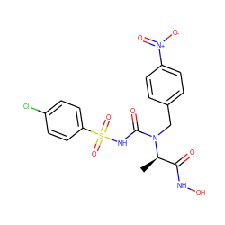 C[C@H](C(=O)NO)N(Cc1ccc([N+](=O)[O-])cc1)C(=O)NS(=O)(=O)c1ccc(Cl)cc1 ZINC000027554919