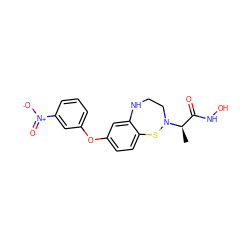 C[C@H](C(=O)NO)N1CCNc2cc(Oc3cccc([N+](=O)[O-])c3)ccc2S1 ZINC001772615519