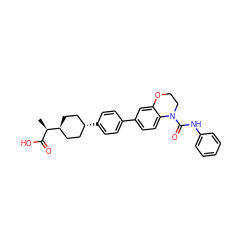 C[C@H](C(=O)O)[C@H]1CC[C@H](c2ccc(-c3ccc4c(c3)OCCN4C(=O)Nc3ccccc3)cc2)CC1 ZINC000261092667