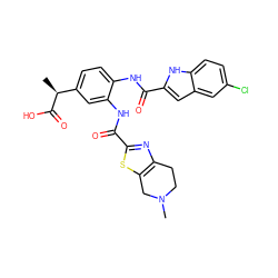 C[C@H](C(=O)O)c1ccc(NC(=O)c2cc3cc(Cl)ccc3[nH]2)c(NC(=O)c2nc3c(s2)CN(C)CC3)c1 ZINC000071317006