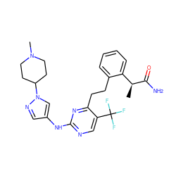 C[C@H](C(N)=O)c1ccccc1CCc1nc(Nc2cnn(C3CCN(C)CC3)c2)ncc1C(F)(F)F ZINC000211040415