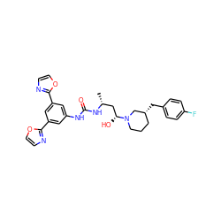 C[C@H](C[C@@H](O)N1CCC[C@@H](Cc2ccc(F)cc2)C1)NC(=O)Nc1cc(-c2ncco2)cc(-c2ncco2)c1 ZINC000029129116