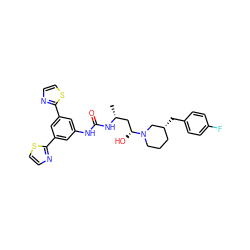 C[C@H](C[C@@H](O)N1CCC[C@@H](Cc2ccc(F)cc2)C1)NC(=O)Nc1cc(-c2nccs2)cc(-c2nccs2)c1 ZINC000029129507