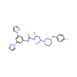 C[C@H](C[C@@H](O)N1CCC[C@@H](Cc2ccc(F)cc2)C1)NC(=O)Nc1cc(-n2cccn2)cc(-n2cccn2)c1 ZINC000029129667