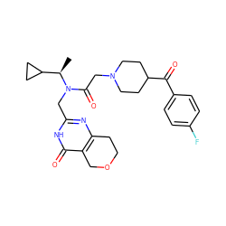 C[C@H](C1CC1)N(Cc1nc2c(c(=O)[nH]1)COCC2)C(=O)CN1CCC(C(=O)c2ccc(F)cc2)CC1 ZINC000208810300