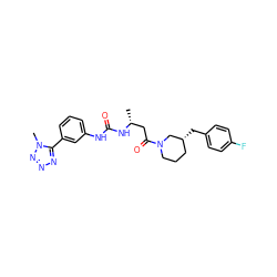 C[C@H](CC(=O)N1CCC[C@@H](Cc2ccc(F)cc2)C1)NC(=O)Nc1cccc(-c2nnnn2C)c1 ZINC000029130081