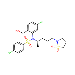 C[C@H](CCCN1CCCS1(=O)=O)N(c1cc(Cl)ccc1CO)S(=O)(=O)c1ccc(Cl)cc1 ZINC000028978055