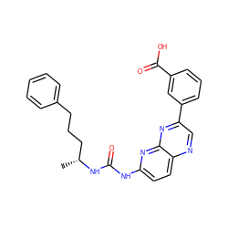 C[C@H](CCCc1ccccc1)NC(=O)Nc1ccc2ncc(-c3cccc(C(=O)O)c3)nc2n1 ZINC000169704111