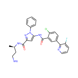 C[C@H](CCN)NC(=O)c1cc(NC(=O)c2cc(-c3ncccc3F)ccc2Cl)n(-c2ccccc2)n1 ZINC001772646750