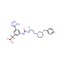 C[C@H](CCN1CCC[C@@H](Cc2ccc(F)cc2)C1)NC(=O)Nc1cc(-c2nnnn2C)cc(C(C)(C)C(=O)O)c1 ZINC000029129117