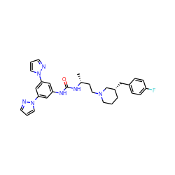 C[C@H](CCN1CCC[C@@H](Cc2ccc(F)cc2)C1)NC(=O)Nc1cc(-n2cccn2)cc(-n2cccn2)c1 ZINC000029130151