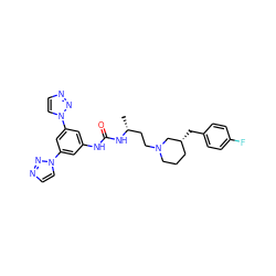 C[C@H](CCN1CCC[C@@H](Cc2ccc(F)cc2)C1)NC(=O)Nc1cc(-n2ccnn2)cc(-n2ccnn2)c1 ZINC000029129319