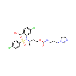 C[C@H](CCOC(=O)NCCCn1ccnc1)N(c1cc(Cl)ccc1CO)S(=O)(=O)c1ccc(Cl)cc1 ZINC000028976101