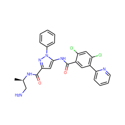 C[C@H](CN)NC(=O)c1cc(NC(=O)c2cc(-c3ccccn3)c(Cl)cc2Cl)n(-c2ccccc2)n1 ZINC001772640190