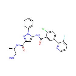 C[C@H](CN)NC(=O)c1cc(NC(=O)c2cc(-c3ncccc3F)ccc2Cl)n(-c2ccccc2)n1 ZINC001772629441